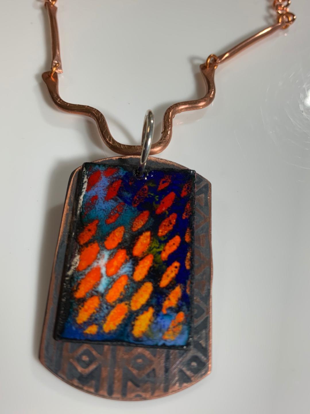 'Fire Rain' Enamel Pendant in blues and orange