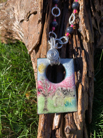 'Memories' Misty Farm Enamel Pendant Art Jewelry