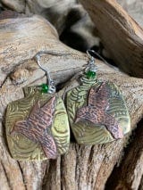 Hummingbird brass earrings with green beads