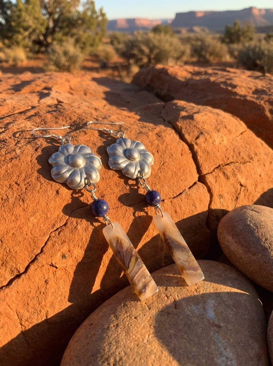 Aluminum Flowers Pressed with lapis bead and Jasper drops in a high desert scene