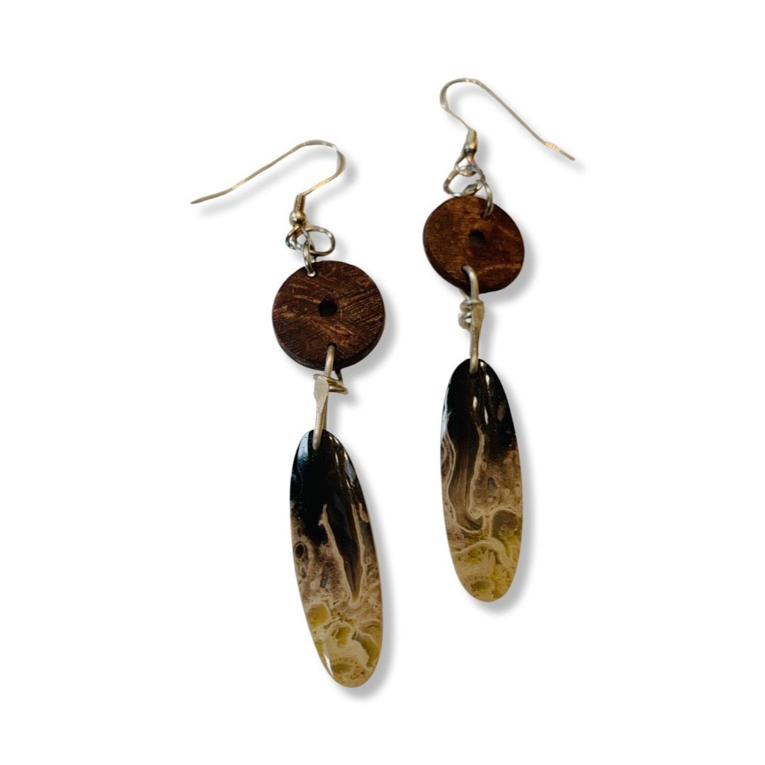 W- Palm Root Jasper Sterling Silver Earrings with Wood Disc