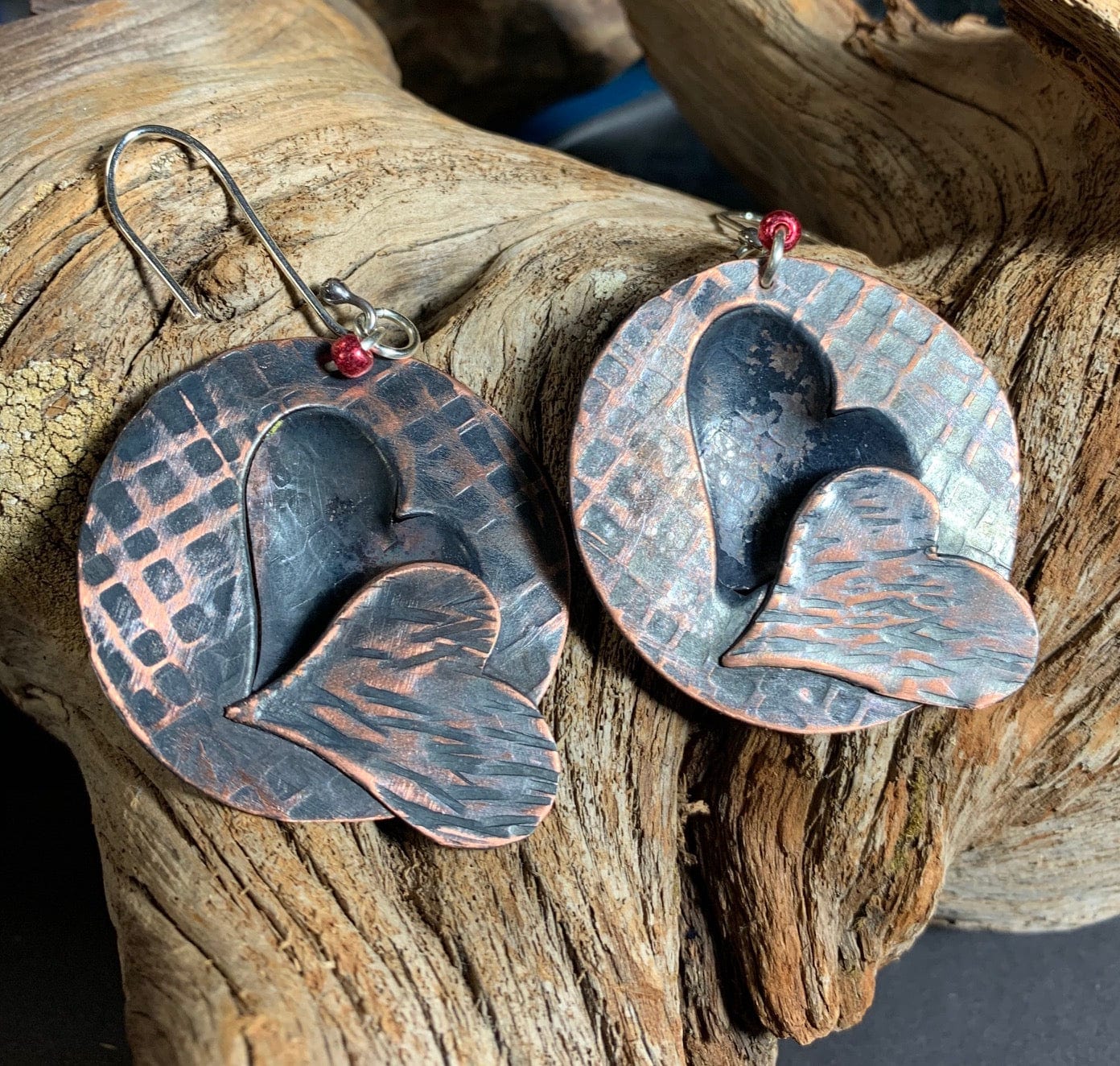 Copper heart earrings, sunkinHearts2