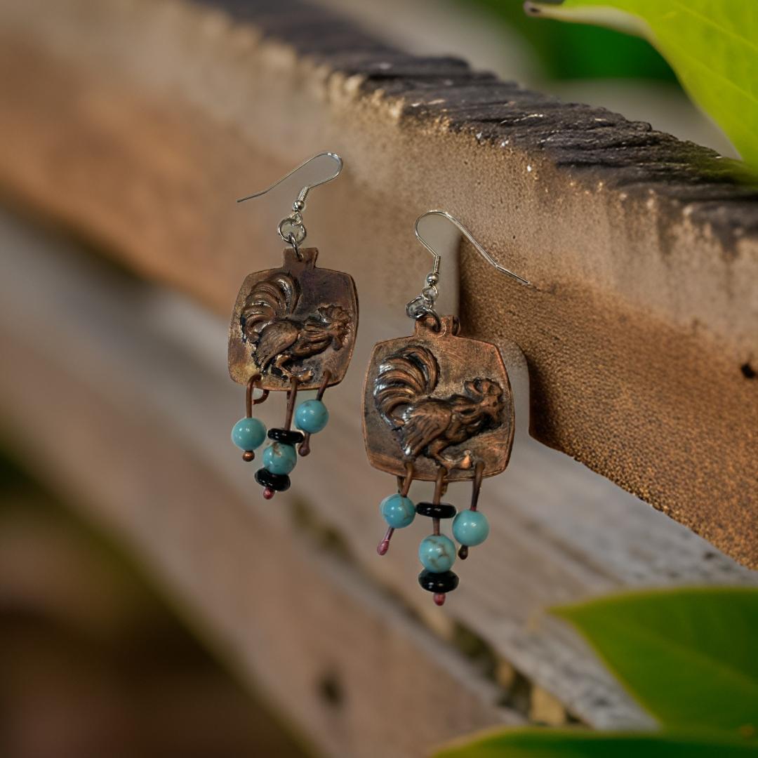 'The Cock-a-Doodle-Do ' Copper Textured earrings with turquoise stones